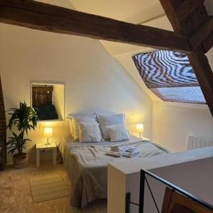 ein Schlafzimmer mit einem großen Bett mit Dachfenster in der Unterkunft cottage cocon et loft in Villampuy