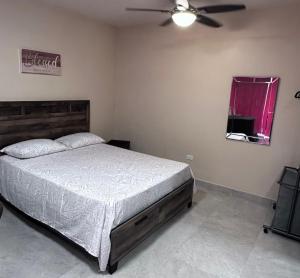 a bedroom with a bed and a ceiling fan at THE NEST Studio Apartment in Philipsburg