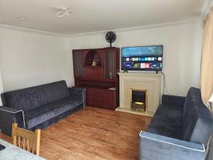 a living room with two couches and a fireplace at Luton Homes in Luton