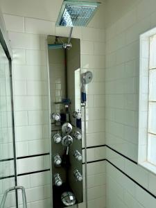 a shower with a glass door in a bathroom at The Lookout House at The Bluebird in Eureka Springs