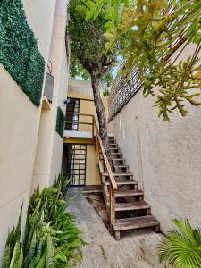 una escalera que conduce a un edificio con un árbol en Peach35L Céntrico studio super ubicado y tranquilo, en Cancún
