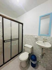 a bathroom with a toilet and a sink at Casa Almanik Hostel in Medellín +30 photos