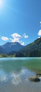 une vue d'un lac avec des montagnes en arrière-plan dans l'établissement Appartement avec balcon vue montagne à Bellevaux, à Bellevaux 2 autres photos