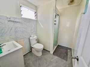 ein Badezimmer mit Toilette, Waschbecken und Dusche in der Unterkunft Nuku'alofa Town Cottage - Entire Place Upstairs Only in Nuku‘alofa