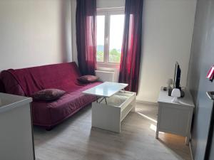 ein Wohnzimmer mit einem lila Sofa und einem Fenster in der Unterkunft Studio tout équipé pour 2 a 15 minutes de valras plage in Béziers