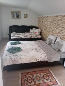 two beds in a room with a couch and a rug at Casa Gheorghe in Balabancea