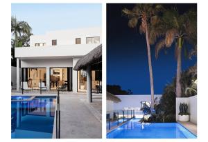 dos fotos de una casa y una piscina en Elanda on Sunshine - Ocean views, see the whales, en Sunshine Beach