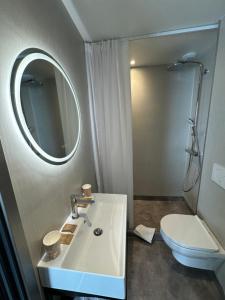 a bathroom with a sink and a toilet and a mirror at Dyke Hotel in Le Puy-en-Velay