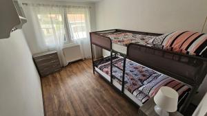 ein Schlafzimmer mit zwei Etagenbetten und einem Fenster in der Unterkunft Holiday Home Monte Fabula with Jacuzzi, Sauna and Backyard in Vučinić Selo + 34 Fotos