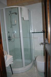 La salle de bains est pourvue d'une douche et de toilettes. dans l'établissement Chalet Valeruz, à Canazei