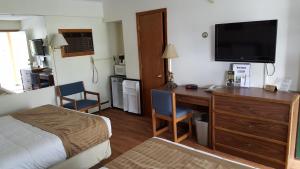 Habitación de hotel con escritorio, cama y TV. en Budget Host Inn, en Detroit Lakes