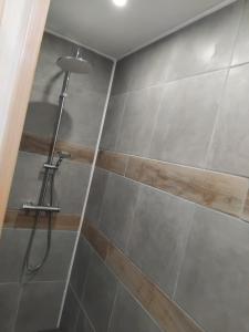 EnglefontaineにあるLe Petit Atelierのタイル張りの壁のバスルーム(シャワー付)