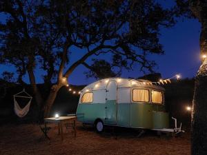 a green caravan parked under a tree at night at Lost Paradise - Cosy Wagon in Sabóia