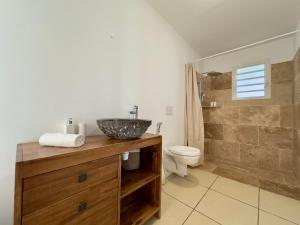 a bathroom with a sink and a toilet and a shower at Whale- vue unique mer & littoral de Trois-Bassins in Trois Bassins