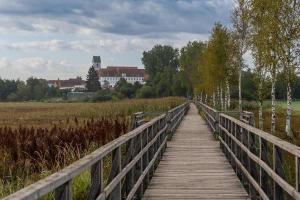 a wooden bridge over a field with a building at Monteur Budget-Ferienhaus in Oggelshausen am Federsee nähe Biberach in Oggelshausen