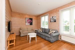 un salon avec un canapé et une table dans l'établissement The Black House - Luxurious Holiday Villa Zeewolde, à Zeewolde