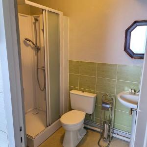 a bathroom with a toilet and a shower and a sink at Le Figuier, Appartement centre d'Etretat avec balcon in Étretat