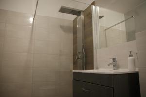 un baño con lavabo y ducha en Apartamenty Viniarnia, en Zielona Góra