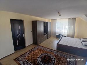 a bedroom with a bed and a door with a rug at Casa David in Sighetu Marmaţiei