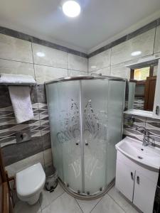 a bathroom with a shower and a toilet and a sink at Derepark Apart in Uzungol +45 photos
