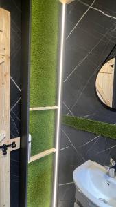 a green bathroom with a toilet and a sink at Бунгало woodwave in Chernomorets