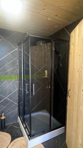 a shower with a glass door in a room at Бунгало woodwave in Chernomorets +24 photos