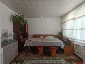 a living room with a table and a couch at Eco house in Bokonbayevo