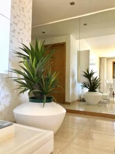 a bathroom with two potted plants in a large bowl at Mindelo apart with ocean view in Mindelo