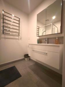 a bathroom with a sink and a mirror at Cosy Sunny Bedroom Close to Airport in Christchurch