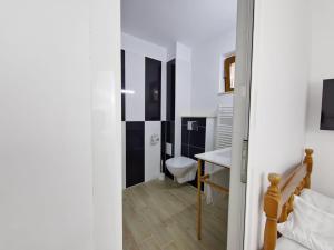 a small bathroom with a toilet and a sink at La Oprescu in Azuga