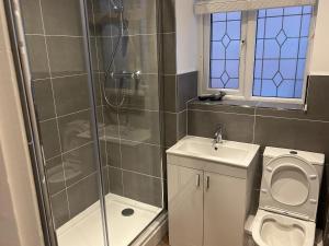 Un baño con ducha, inodoro y lavabo. en 40 Gloddaeth View, en Llandudno