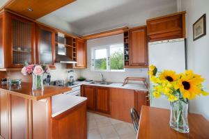 a kitchen with a vase of flowers on a table at Nektar Luxury Apartment in Stalos +13 photos