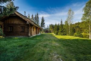a log cabin with a grass yard next to a building at Šumavská Vlčice - Rybářský srub in Strážný