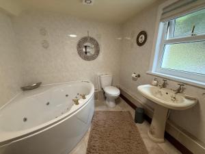 a bathroom with a tub and a toilet and a sink at Elegant 4-Bed Pet-Friendly Retreat in Snowdonia in Conwy +78 photos
