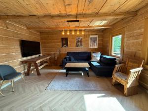 a living room with a blue couch and a tv at Łobrotno Gaździna - góralska chałupa na wyłaczność in Bukowina Tatrzańska