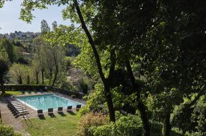 a swimming pool in the middle of a yard with trees at Borgo degli Ulivi - Castello di Montegridolfo in Montegridolfo