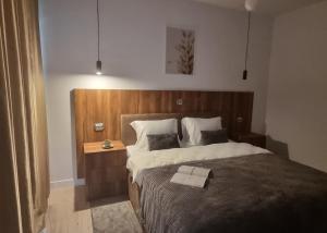 a bedroom with a large bed with a wooden headboard at TETRA Plus 569 in Breaza