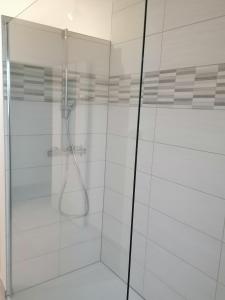 ein Badezimmer mit Dusche mit Glastür in der Unterkunft Sandrise in Balen