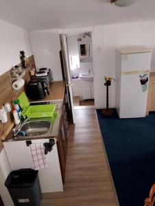 a small kitchen with a sink and a refrigerator at Cimra in Varnsdorf +4 photos