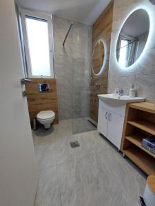 a bathroom with a toilet and a sink and a mirror at Apartman Šišarka Dva Divčibare in Divčibare
