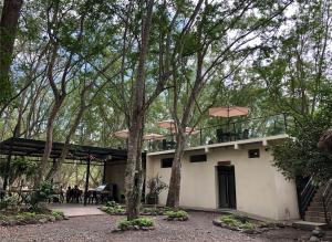 a house with a balcony in the middle of trees at Camping CONTACTO EXTREMO in Utica