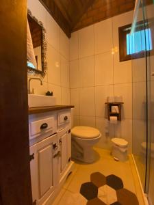 a bathroom with a toilet and a sink and a mirror at Cabana 3 Fazenda in São Francisco de Paula