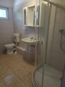a bathroom with a toilet and a sink and a shower at Dominó Apartman in Balatongyörök