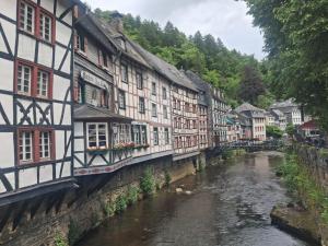 a river in a town with houses and a bridge at Maison en bois in Lontzen