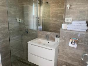 a bathroom with a sink and a glass shower at REZEVICI BOUTIQUE VILLA in Petrovac na Moru