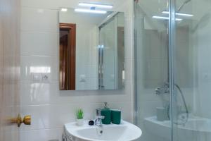 ein Badezimmer mit Waschbecken und Dusche mit Spiegel in der Unterkunft Hermanos Pinzón in Zamora