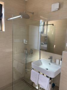 a bathroom with a sink and a glass shower at REZEVICI BOUTIQUE VILLA in Petrovac na Moru