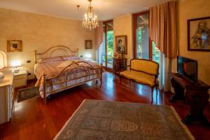 a bedroom with a bed and a tv and a chair at Villa DAutore in Alba