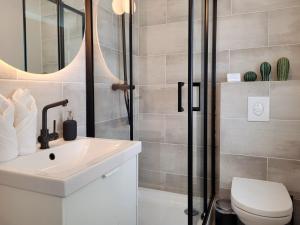 a bathroom with a toilet and a sink and a shower at Neues Küstenjuwel mit erstklassiger Einrichtung direkt am Hafen "Momentic" in Neustadt in Holstein +23 photos