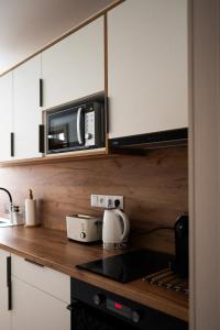 a kitchen with a counter top with a microwave at Apartmán BeVi in Loučná nad Desnou